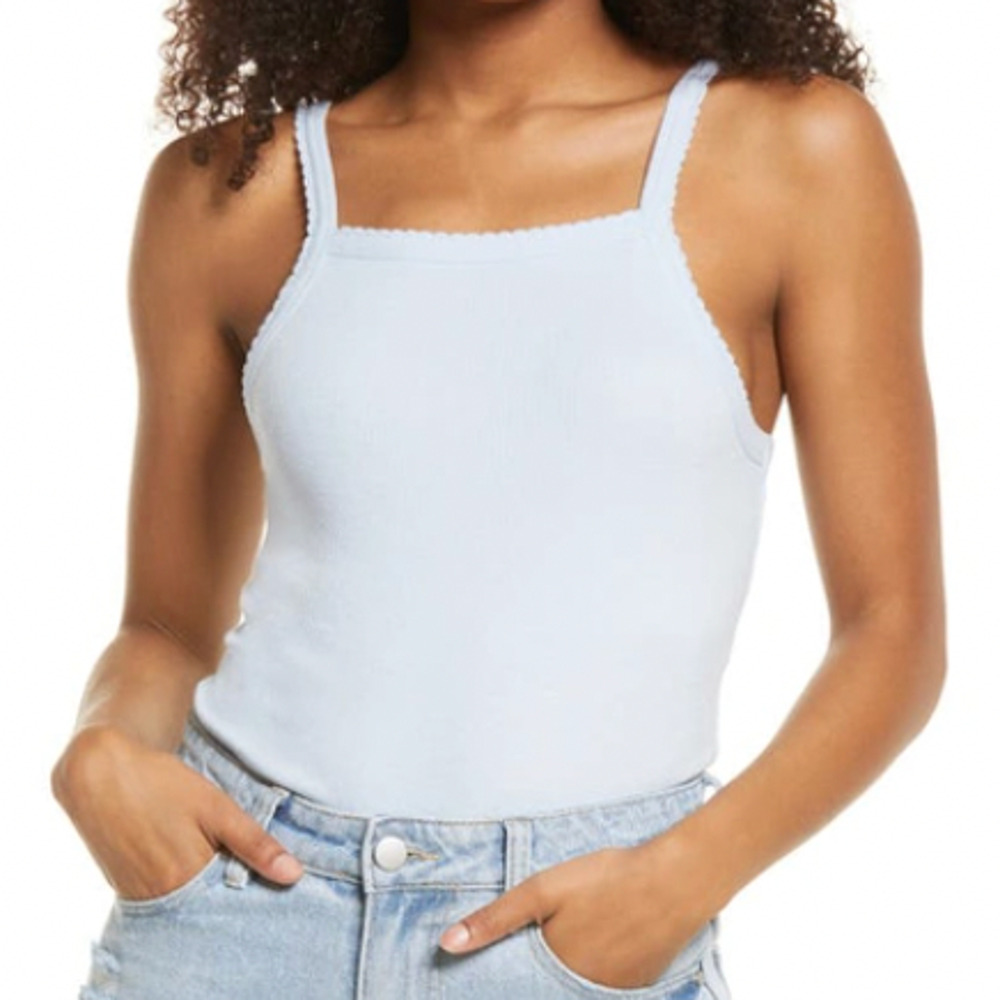 Bp. Picot Trim Cotton Blend Rib Bodysuit in Blue, Size 3X